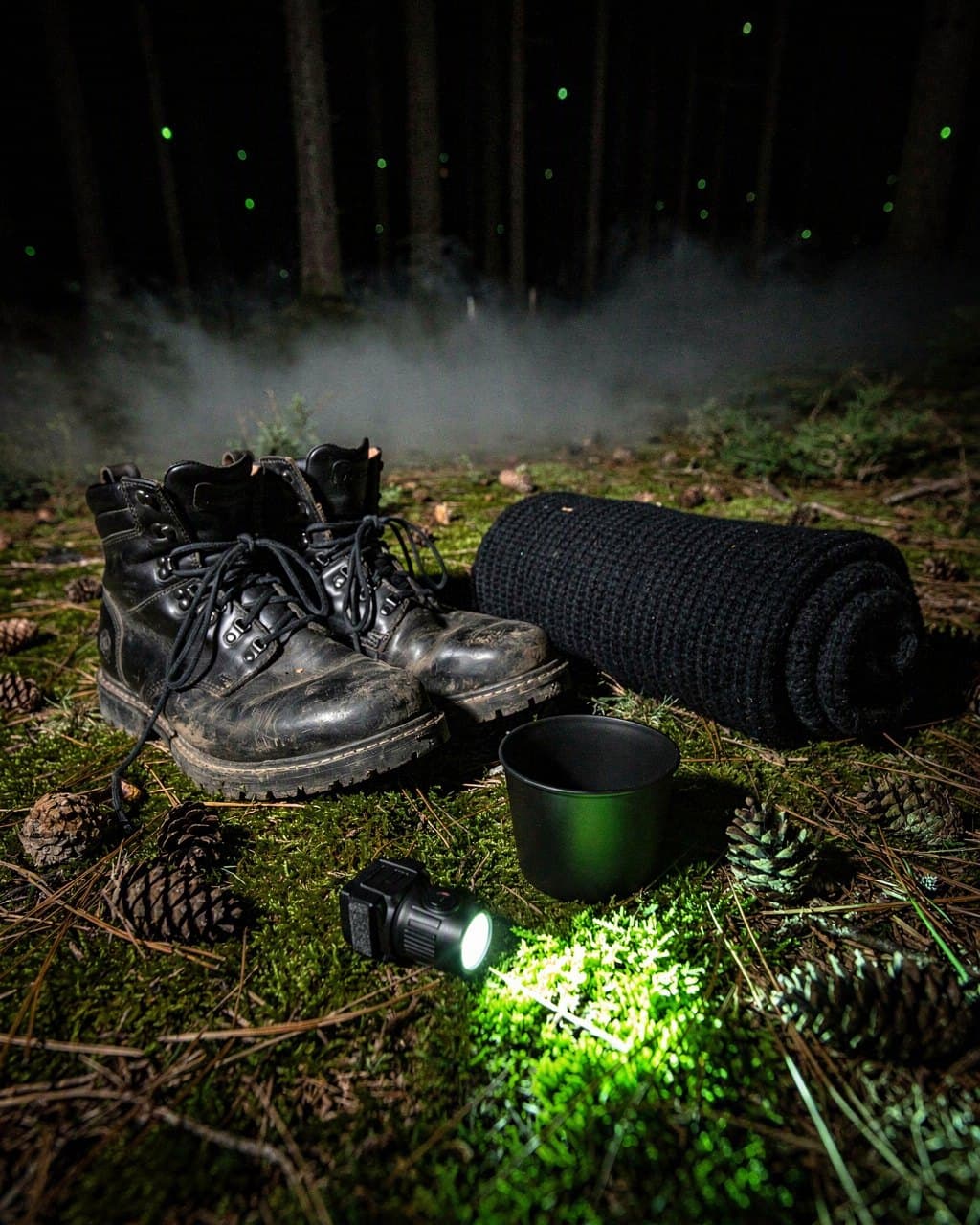 Wanderstiefel, Wollpulli, Becher und eine leuchtende Stirnlampe auf Moos im nächtlichen Wald